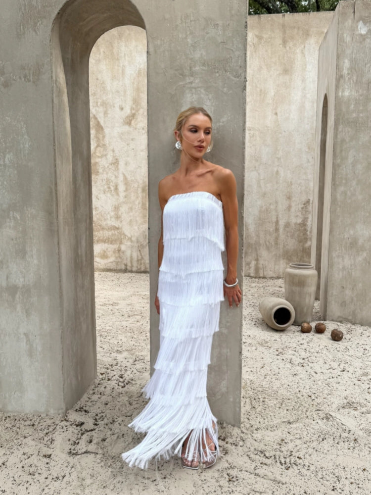 White Strapless Fringe Satin Gown