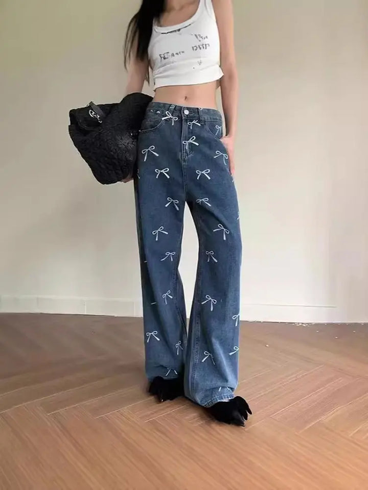 Bow Print Denim Pants