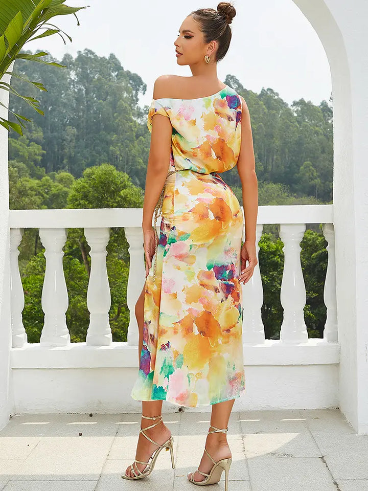 Off-Shoulder Floral Slit Dress