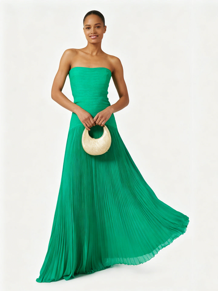 Rochie formală fără bretele plisată, culoarea smarald