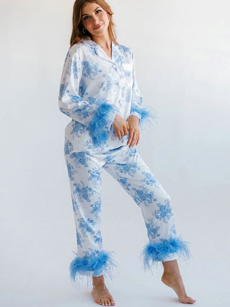 Set di Pigiama in Satin con Stampa Floreale Blu