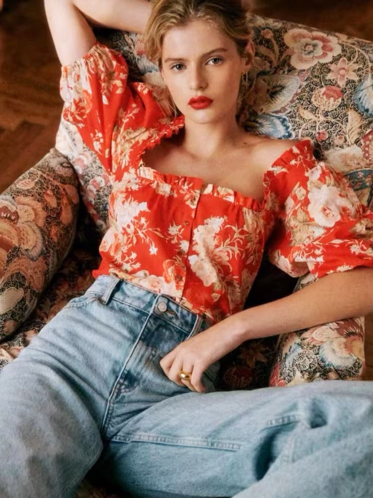 Red Floral Square Neck Top
