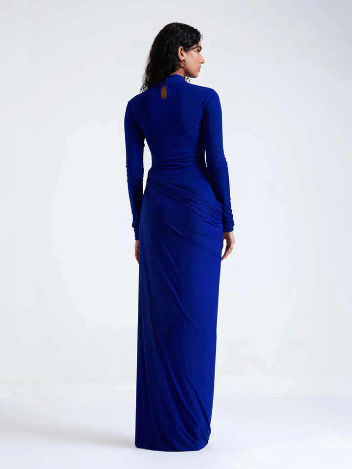 Electric Blue Ruched High-Neck Maxi Dress