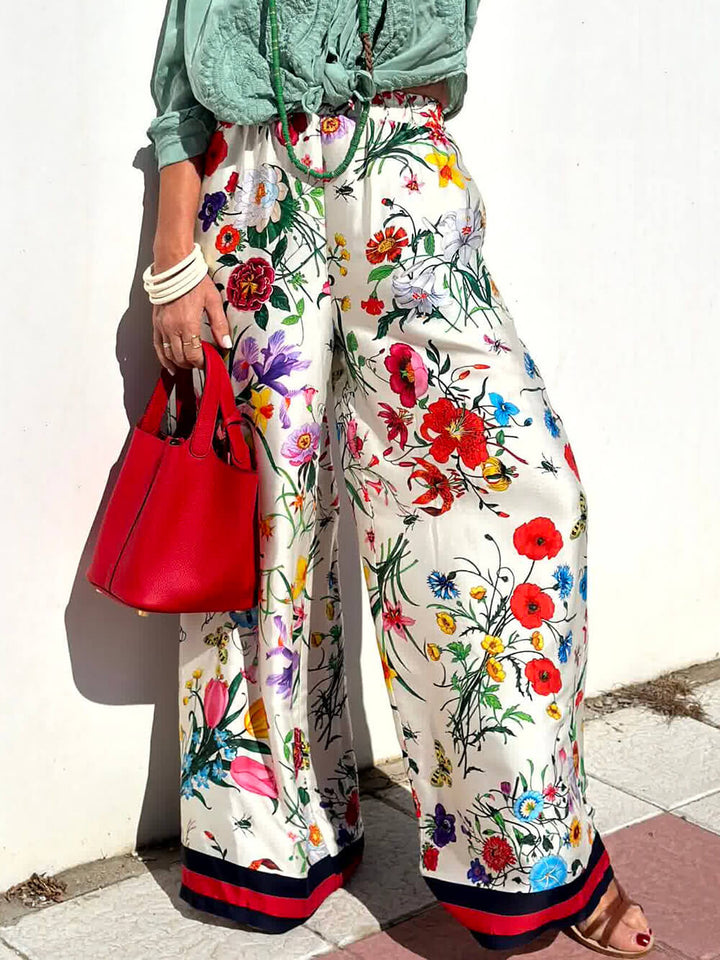 꽃무늬 독특한 프린트 신축성 있는 허리 포켓 와이드 레그 팬츠 세트