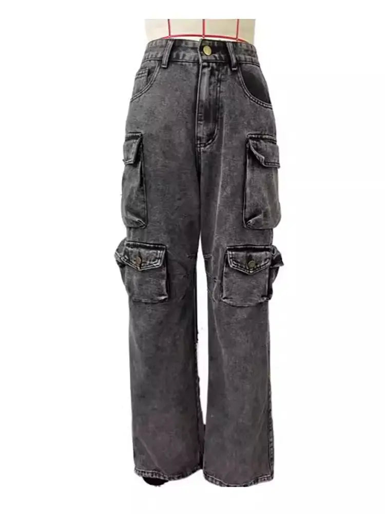 High-Waisted Cargo Jeans Trousers