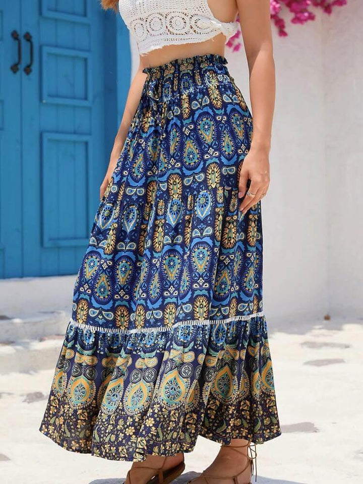 Bohemisk rynkad kjol med hög midja i blått