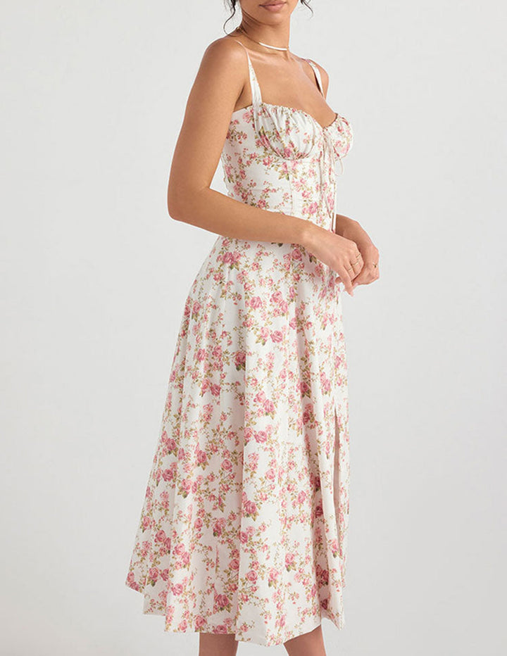 Vestido lencero de espiguilla con estampado de rosas