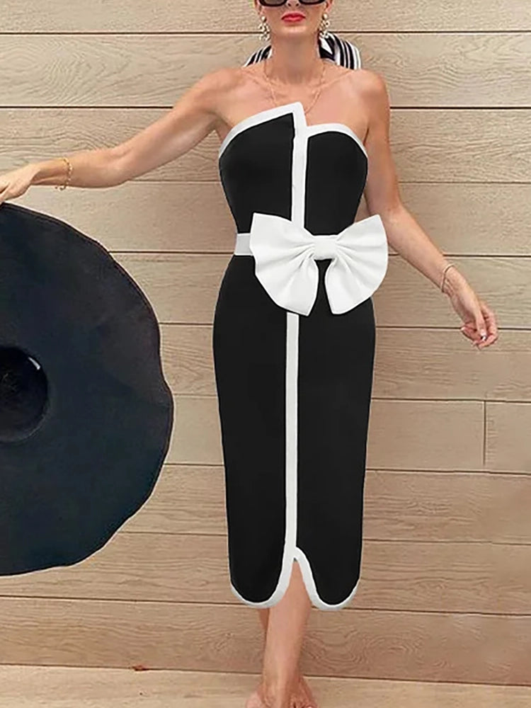 Costume intero senza spalline con fiocco e blocchi di colore