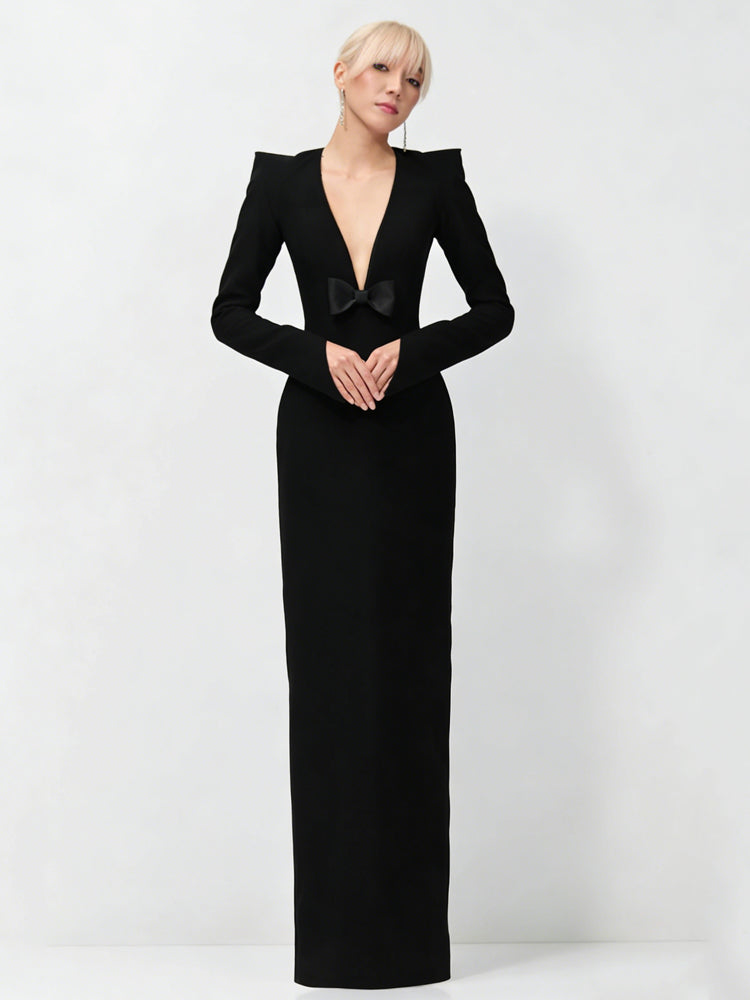 Black Deep V Bow Formal Gown