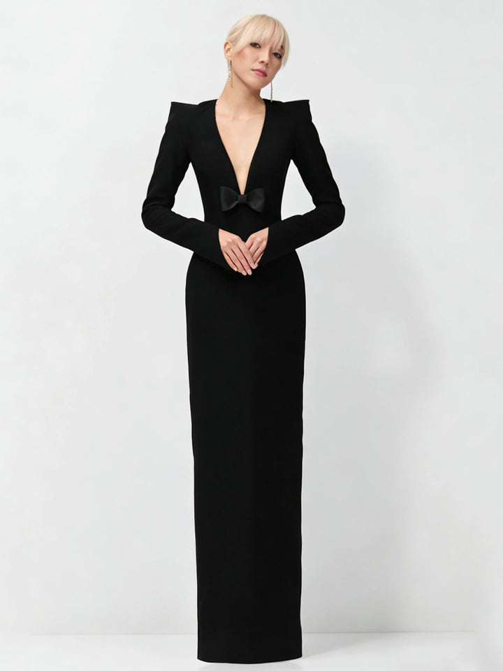 Black Deep V Bow Formal Gown