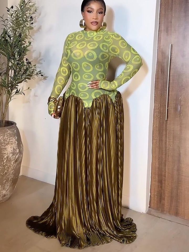 Mesh Panel Retro Pleated Maxi Dress