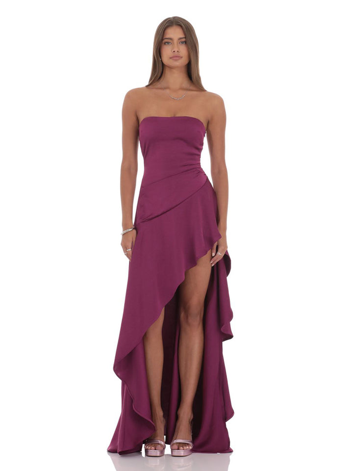 Strapless High-Shine Satin Asymmetric Slit Gown