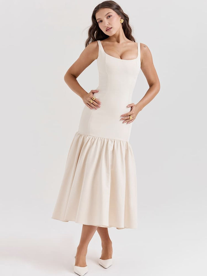 Vintage Low-Waist Midi Dress - Cream Beige