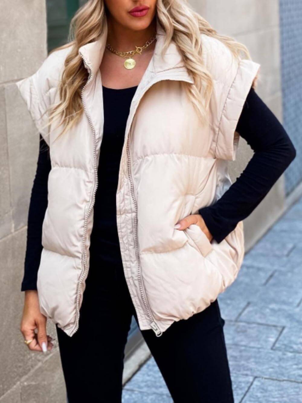 Veste de gilet en coton avec poche à fermeture éclair et col montant à la mode