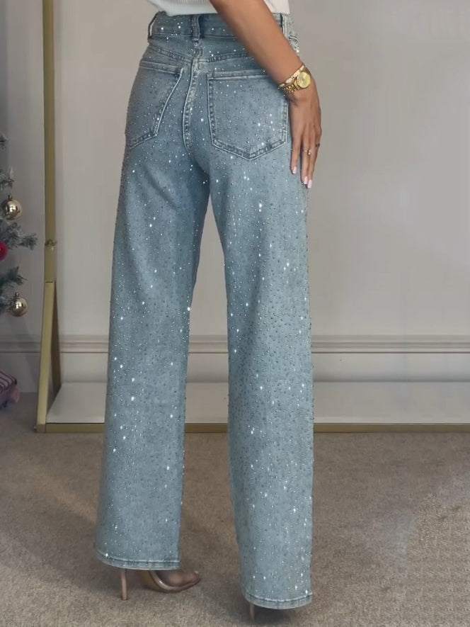 Jeans droit taille haute en diamanté