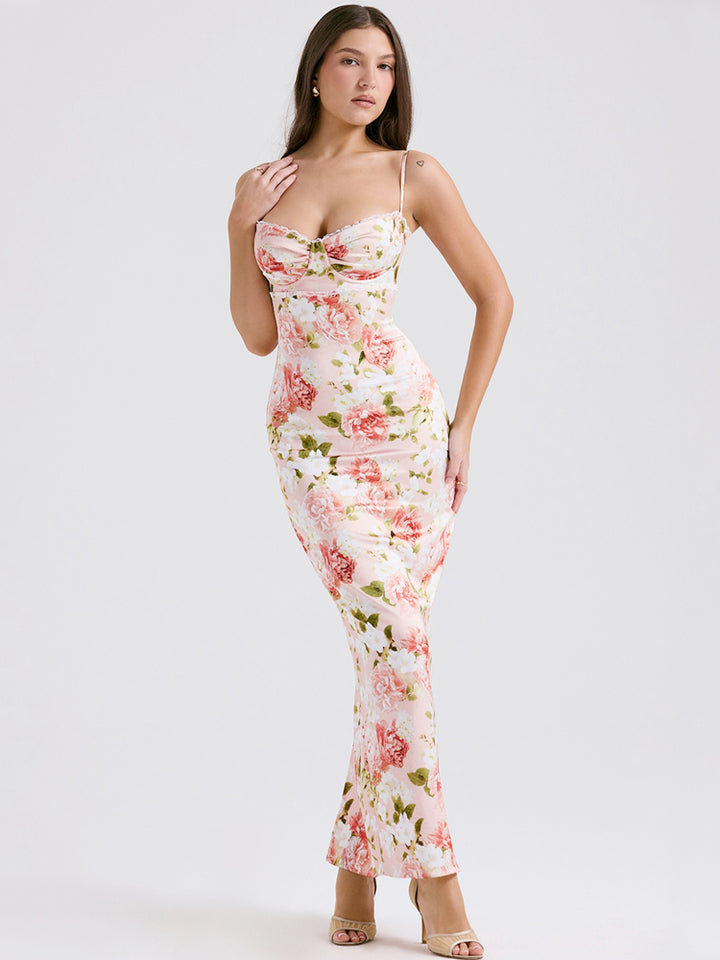 Robe longue en satin à imprimé pivoine rose