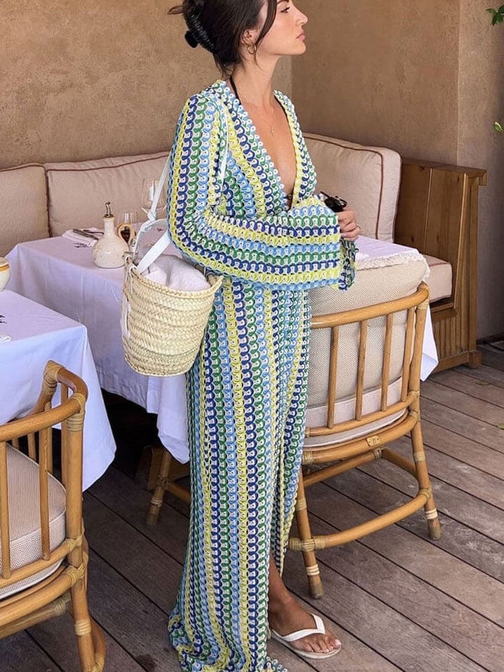 Boho V Neck Bell Sleeve Wavy Striped Crochet Beach Vacation Maxi Dress - Dilaw