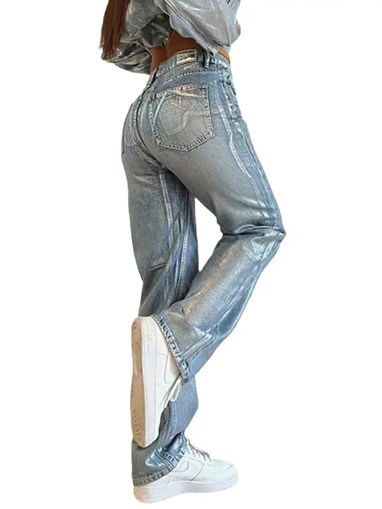 Metallic Accent High-Waist Jeans