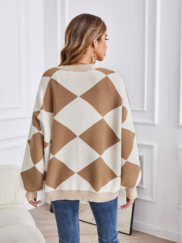 V-hals geometrisk farveblok strik cardigan