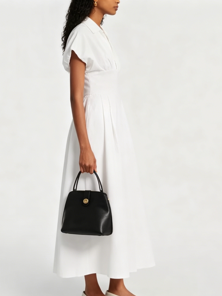White V-Neck Puff Sleeve Midi Dress