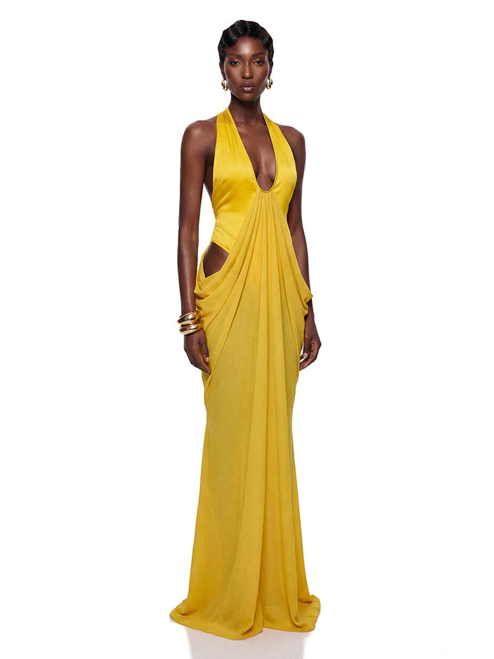 Golden Halter Cutout Maxi Dress