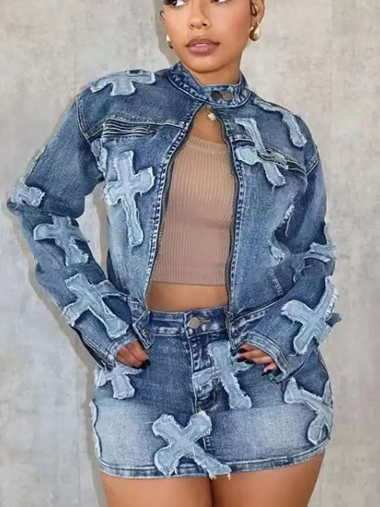 Designer denim skjørt og jakke sett