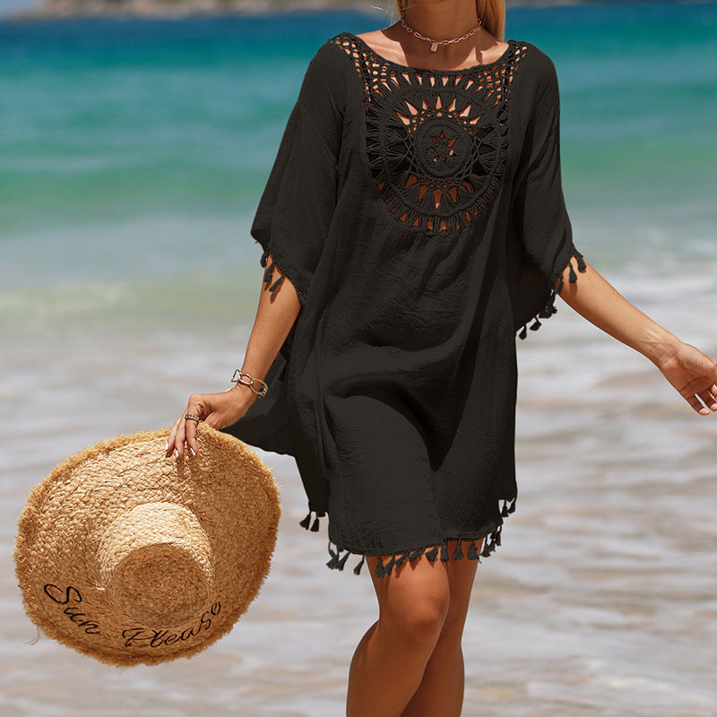Acoperire pentru bluză de plajă floarea soarelui cu franjuri libere croșetate manual