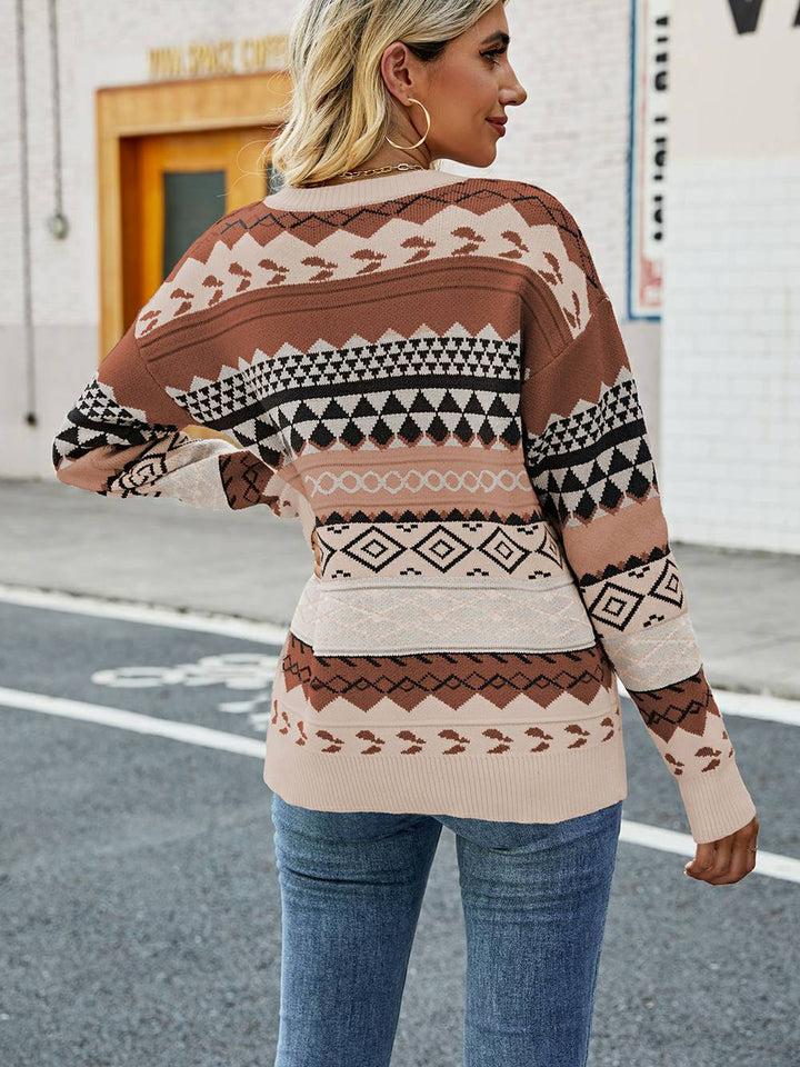 Suéter de malha jacquard multicolorido patchwork
