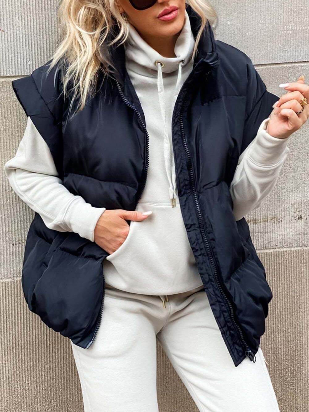 Veste de gilet en coton avec poche à fermeture éclair et col montant à la mode