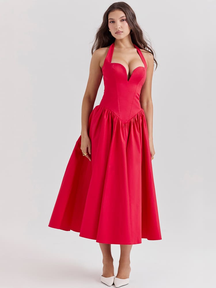 Vestido Midi com Decote Halter e Fenda Lateral - Vermelho Escarlate