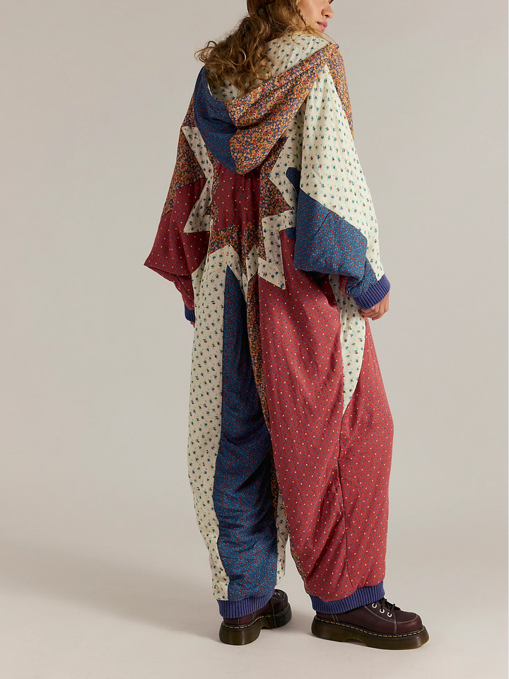 Patchwork Floral Print Hooded Jumpsuit