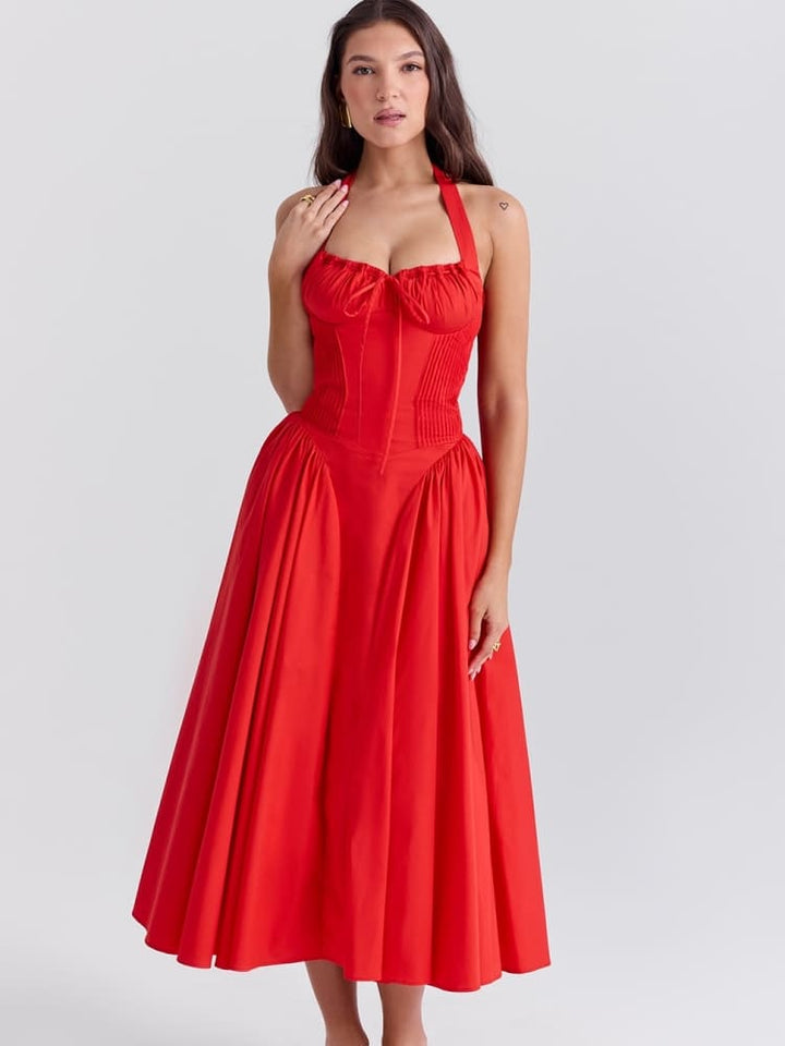 Vestido Midi Halter Vermelho Sem Costas