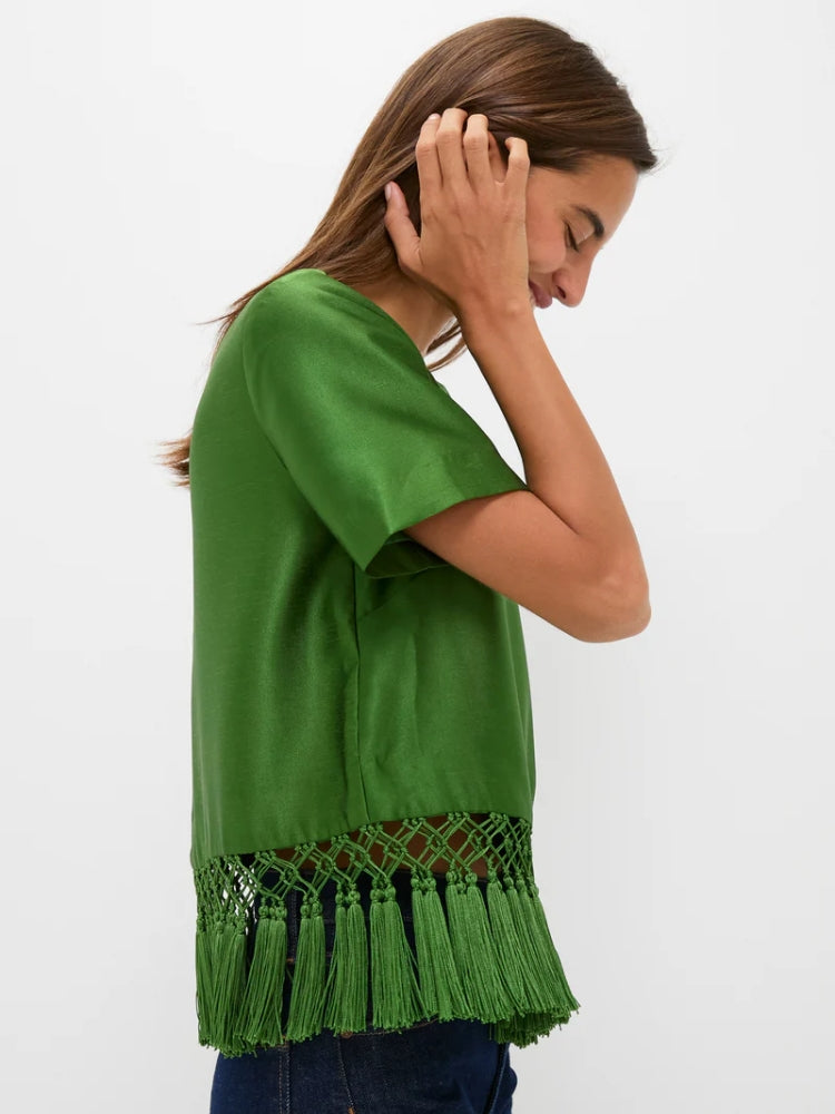 Grünes Satin-Fransen-Top