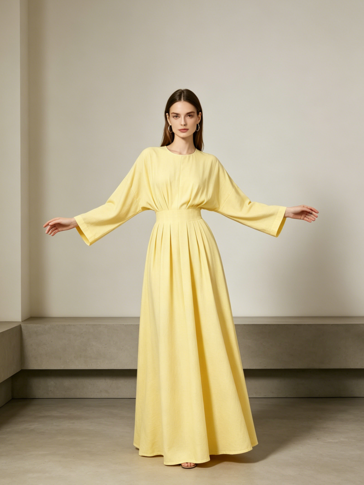 Linen Batwing Maxi Dress With Belt