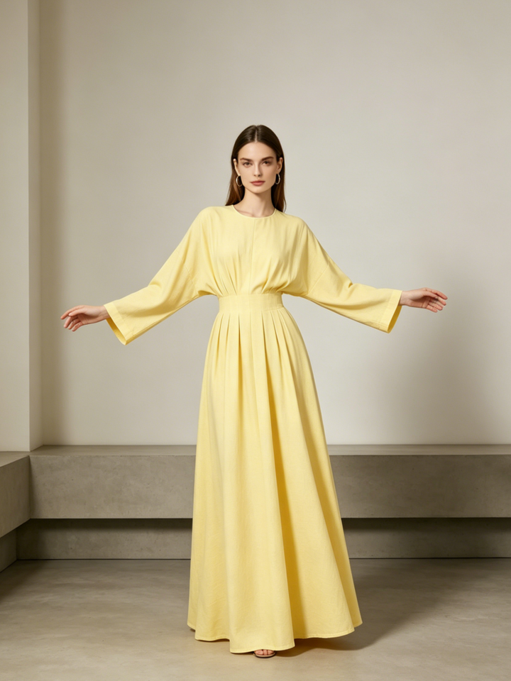 Linen Batwing Maxi Dress With Belt