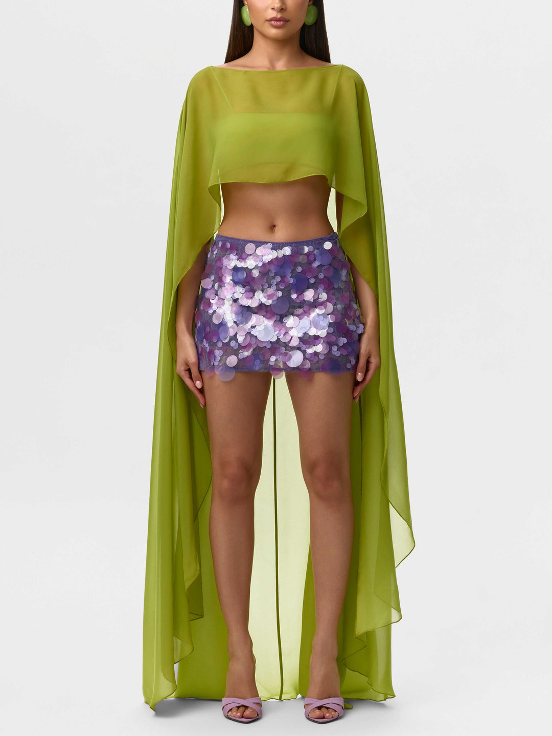Chiffon Cape Crop Top & Satin Feather Mini Skirt