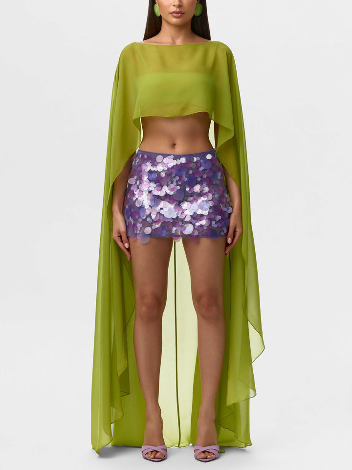 Chiffon Cape Crop Top & Satin Feather Mini Skirt