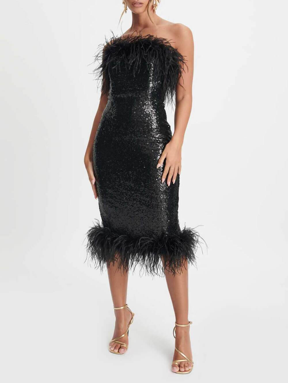 Black Sophia Bandeau Sequin Midi Dress na May Feather Trim