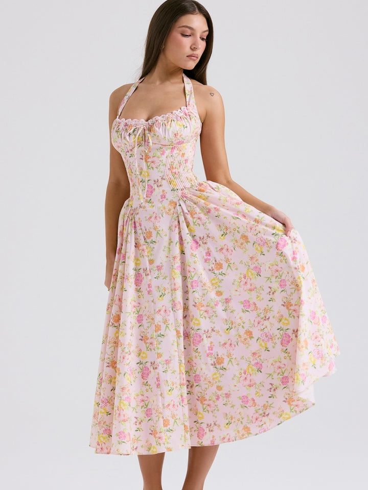 Pink Meadow Print Backless Midi Tank Dress