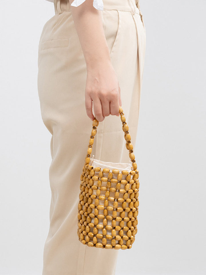 Τσάντα κουβά με υφασμένο ξύλινο χάντρες