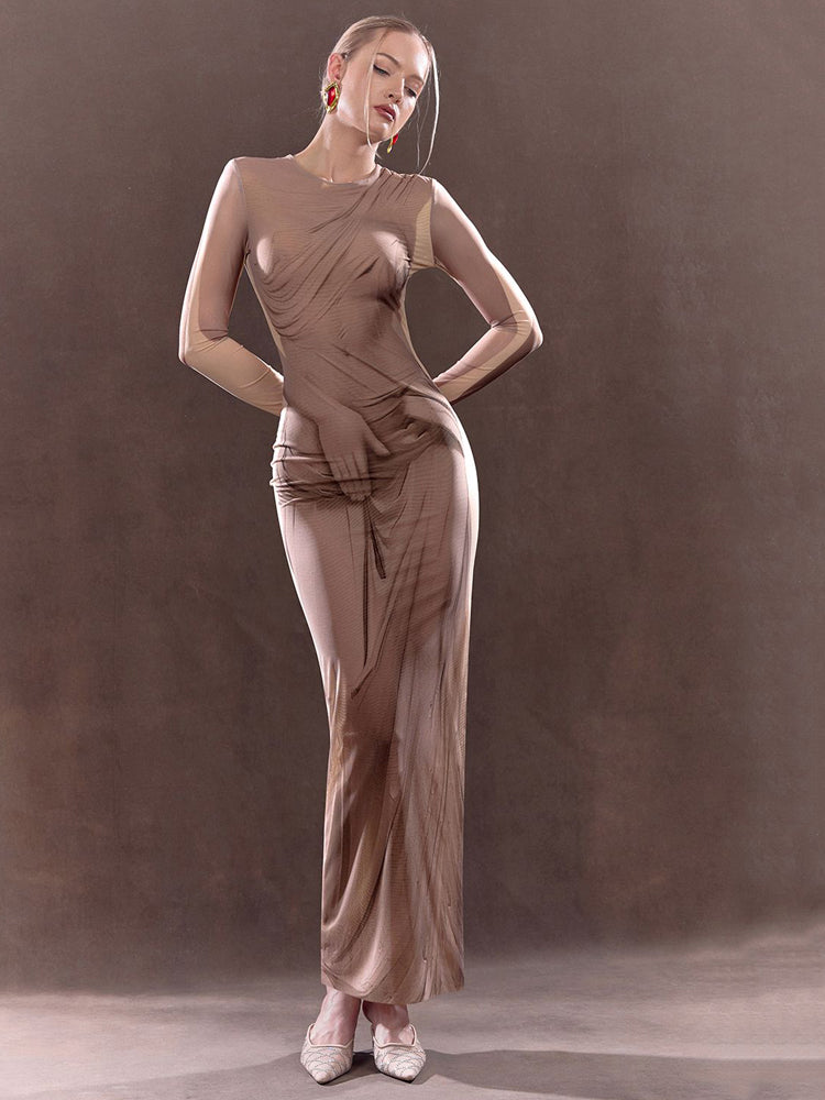 Painted-Effect Mesh Maxi Dress