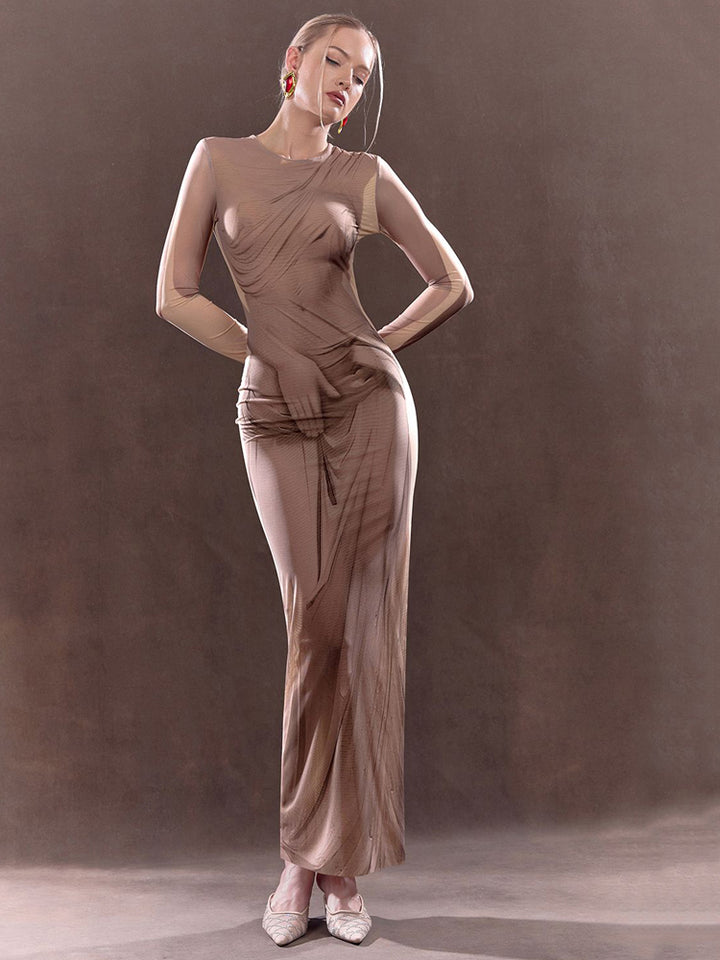 Painted-Effect Mesh Maxi Dress