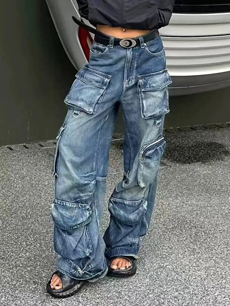 Pantaloni da lavoro in denim multi-tasche vintage