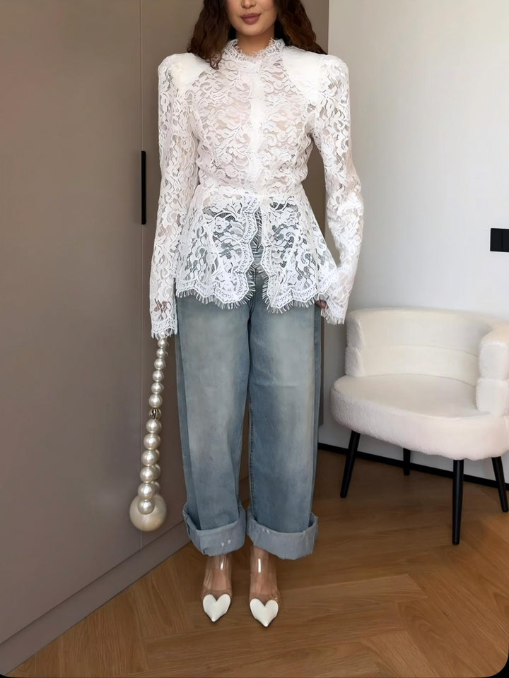 Structured Shoulder Floral Lace Peplum Top