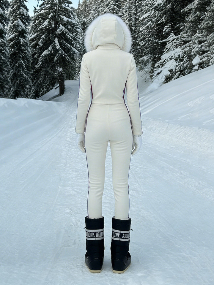 Cream Faux Fur Hood "SKI" Graphic Jumpsuit