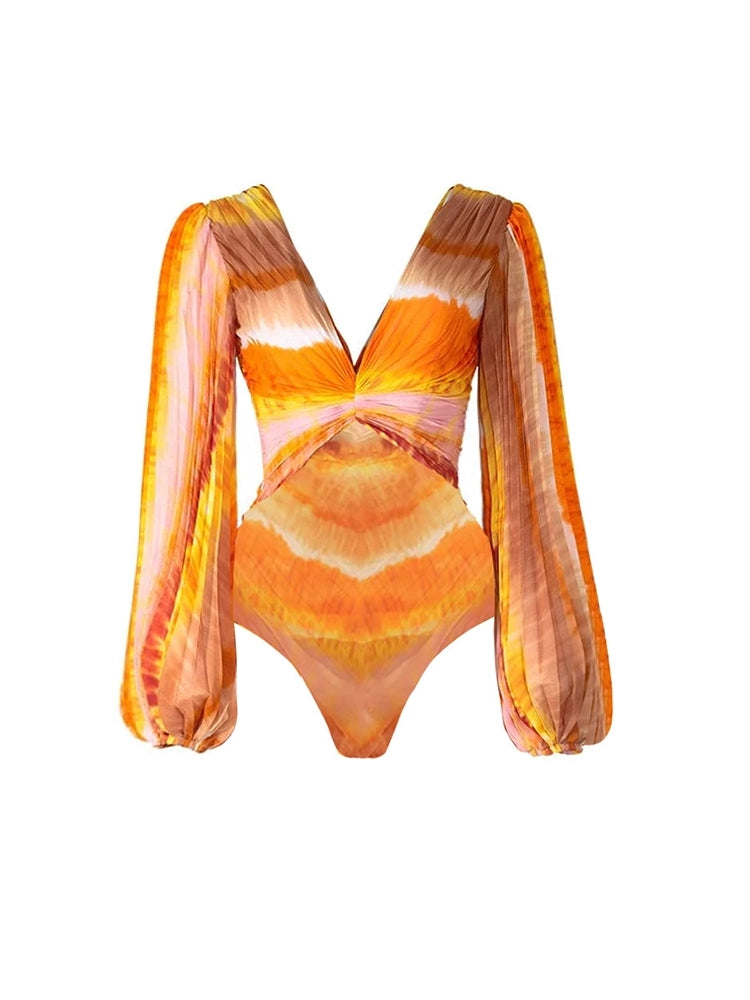 Conjunto de traje de baño estampado de manga larga con escote en V