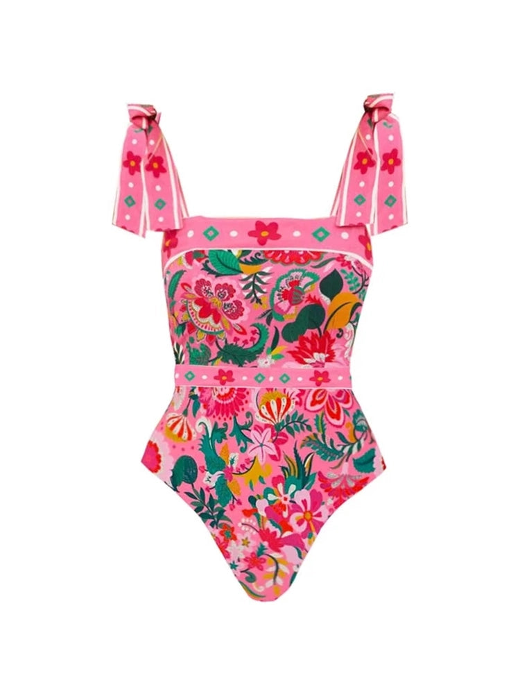 Floral Bowknot Tie One-Piece Swimsuit