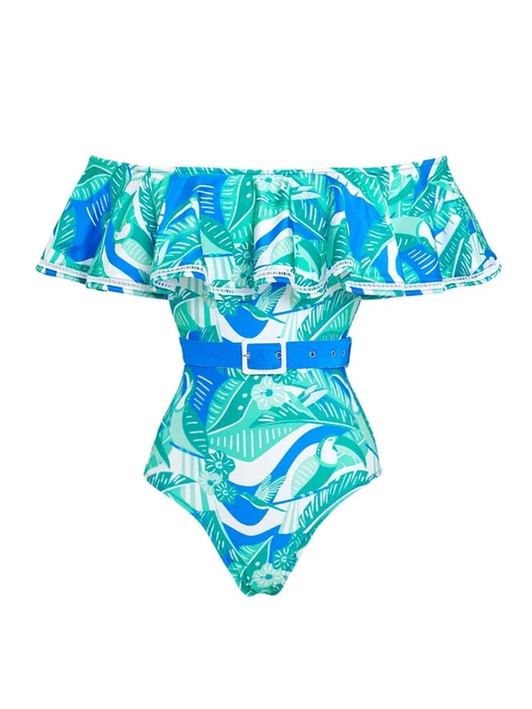 Set ng Swimsuit na Walang Strap na may Ruffle at Bulaklak