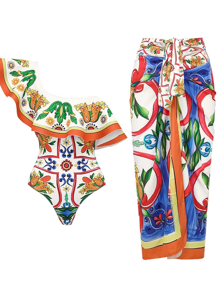 One Shoulder Enamel Print Swimsuit Set