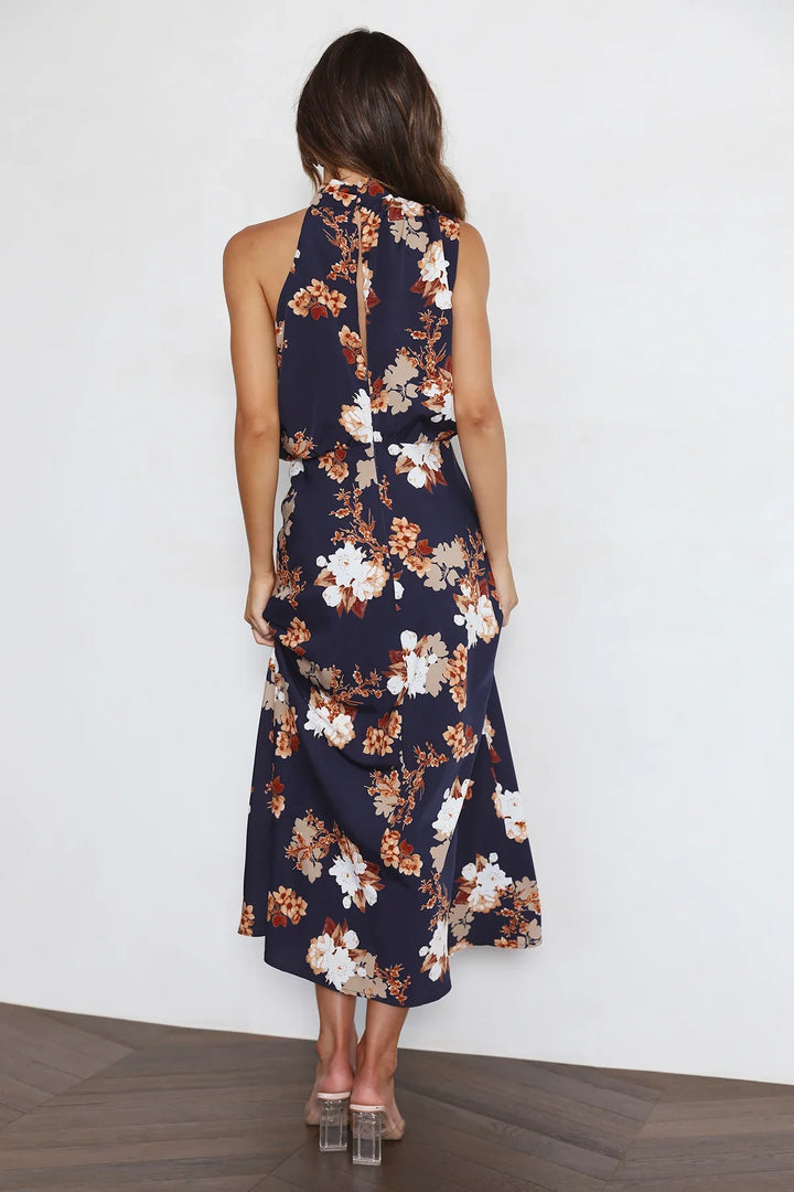 Wine Country Dates Vestido maxi floral com gola halter e cintura elástica